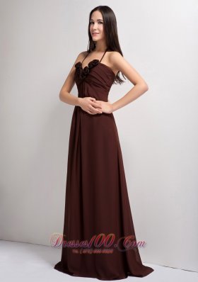 Thin Halter Brown Empire Brush Flowers Prom Gowns