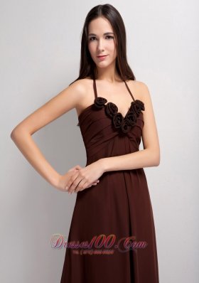 Thin Halter Brown Empire Brush Flowers Prom Gowns