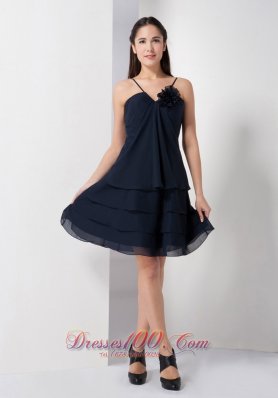 Navy Spaghetti Straps Knee-length Flower Prom Dress