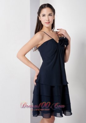 Navy Spaghetti Straps Knee-length Flower Prom Dress