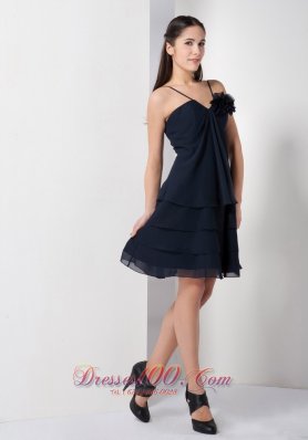 Navy Spaghetti Straps Knee-length Flower Prom Dress