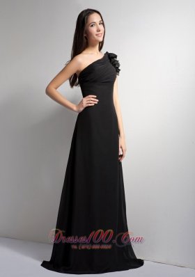 Black A-line One Shoulder Brush Train Prom Dress