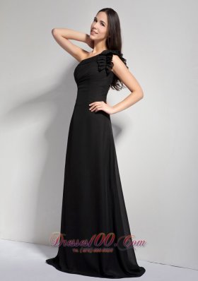 Black A-line One Shoulder Brush Train Prom Dress