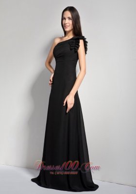 Black A-line One Shoulder Brush Train Prom Dress