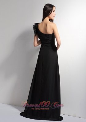 Black A-line One Shoulder Brush Train Prom Dress