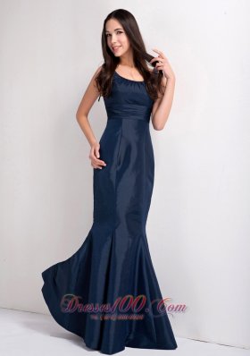 Mermaid Navy Blue Scoop Bridesmaid Dress Ruch