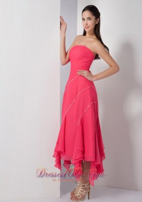 Asym Loose Cover Tea-length Beading Bridesmaid Dress