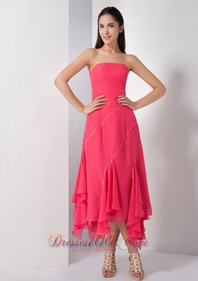 Asym Loose Cover Tea-length Beading Bridesmaid Dress