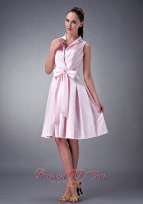 T Shirt Like Collar Tea-length Beading Bridesmaid Dress