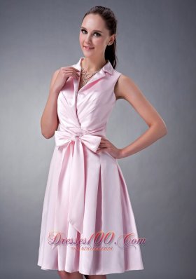 T Shirt Like Collar Tea-length Beading Bridesmaid Dress