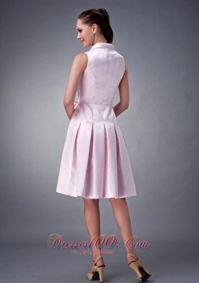 T Shirt Like Collar Tea-length Beading Bridesmaid Dress