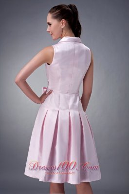 T Shirt Like Collar Tea-length Beading Bridesmaid Dress