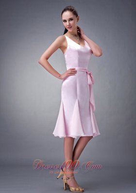 Sheath V-neck Knee-length Sash Bridesmaid Dress