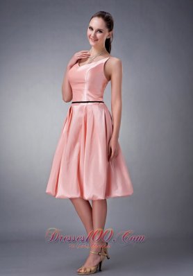 Watermelon Bridesmaid Dress Princess Straps Knee-length Sash