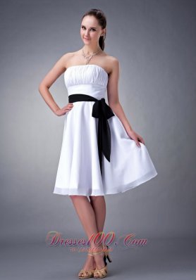 White A-line Black Sash Knee-length Bridesmaid Dress