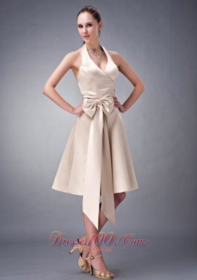 Halter Champagne Princess Tea-length Sash Bridesmaid Dress