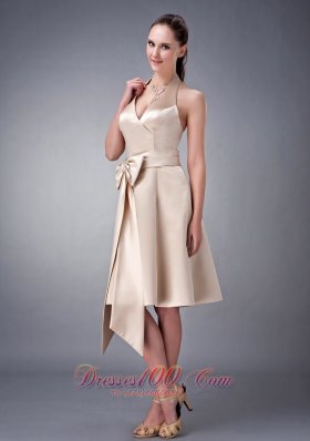 Halter Champagne Princess Tea-length Sash Bridesmaid Dress