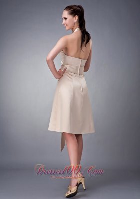 Halter Champagne Princess Tea-length Sash Bridesmaid Dress