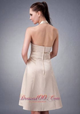 Halter Champagne Princess Tea-length Sash Bridesmaid Dress