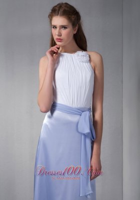 Lilac and White Column Bateau Flower Bridesmaid Dress