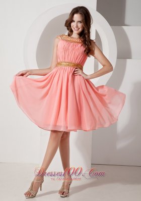 Watermelon Gold Neck and Waistband Bateau Graduation Dress