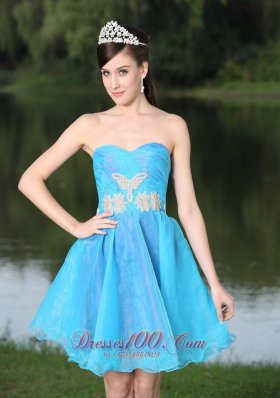 Hand Beaded Applique Decorate Aqua Prom Party Dress