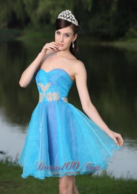 Hand Beaded Applique Decorate Aqua Prom Party Dress