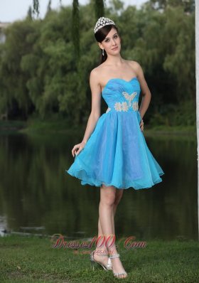 Hand Beaded Applique Decorate Aqua Prom Party Dress