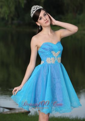 Hand Beaded Applique Decorate Aqua Prom Party Dress