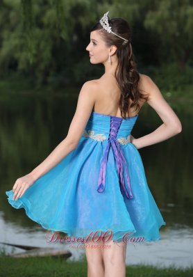 Hand Beaded Applique Decorate Aqua Prom Party Dress