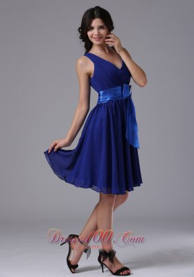 Straps V Neck Peacock Blue Prom Dress With Bowknot