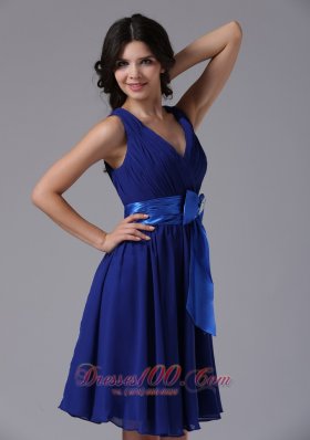 Straps V Neck Peacock Blue Prom Dress With Bowknot