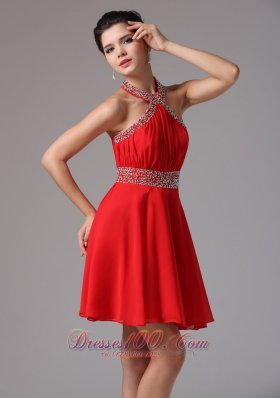 Beaded Halter and Belt Ruch Stylish Prom Dress Mini