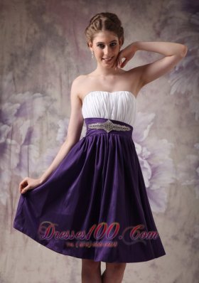 White and Purple A-line Beading Ruch Prom Homecoming Dress