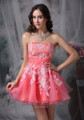 Watermelon A-line Mini White Appliques Prom Graduation Dress