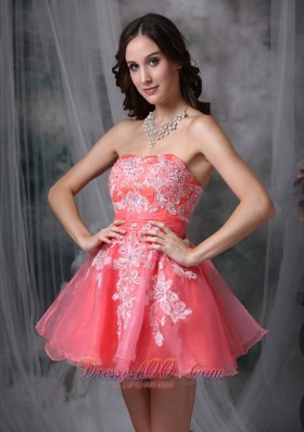 Watermelon A-line Mini White Appliques Prom Graduation Dress