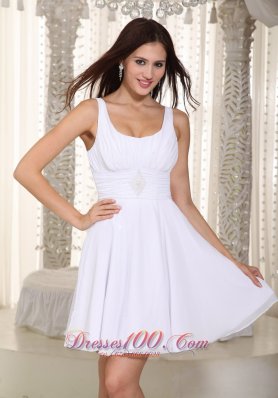 White Chiffon Mini Beading Prom Holiday Dress with Straps