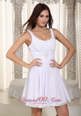 White Chiffon Mini Beading Prom Holiday Dress with Straps