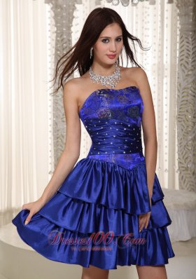 Layered Blue Embroidery Mini-length Prom Graduation Dress Beaded