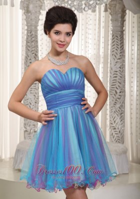 Two-tone Aqua Organza Mini-length Cocktail Dress Ruched