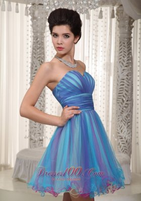 Two-tone Aqua Organza Mini-length Cocktail Dress Ruched