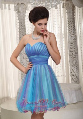 Two-tone Aqua Organza Mini-length Cocktail Dress Ruched