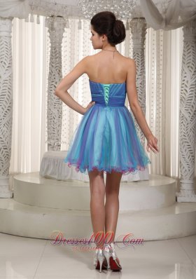 Two-tone Aqua Organza Mini-length Cocktail Dress Ruched