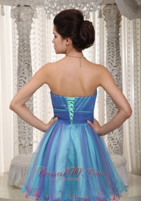 Two-tone Aqua Organza Mini-length Cocktail Dress Ruched