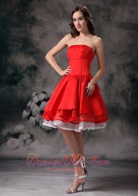 Knee-length White and Red Prom Graduation Dress with Layers