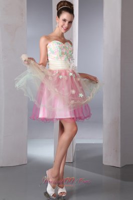 Colorful Appliques Decorate Mini-length Prom Dress