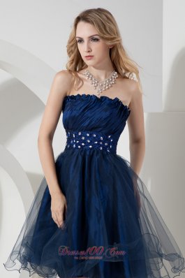 Beaded Organza Navy Prom Dress Knee-length A-line