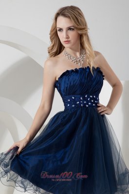 Beaded Organza Navy Prom Dress Knee-length A-line