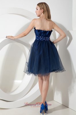 Beaded Organza Navy Prom Dress Knee-length A-line