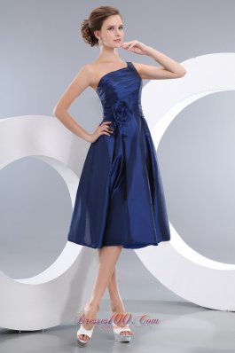 One Shoulder Navy Tea-length Hand Flower Homecoming Dress